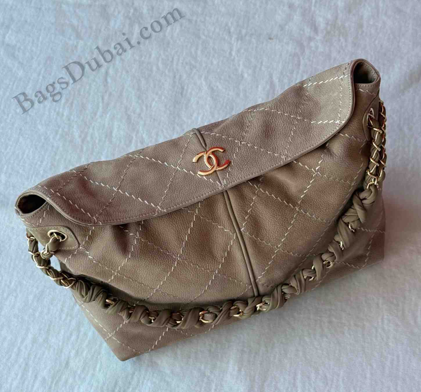 Chanel Shoulder Bag Stitched Fold Over Brown