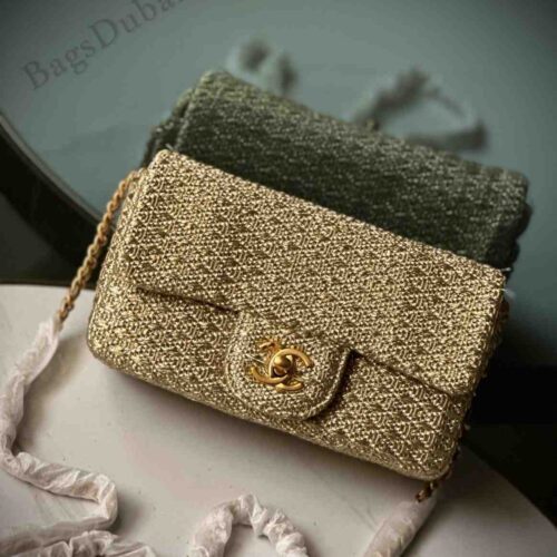 Chanel Flap Bag Tweed Raffia Brown
