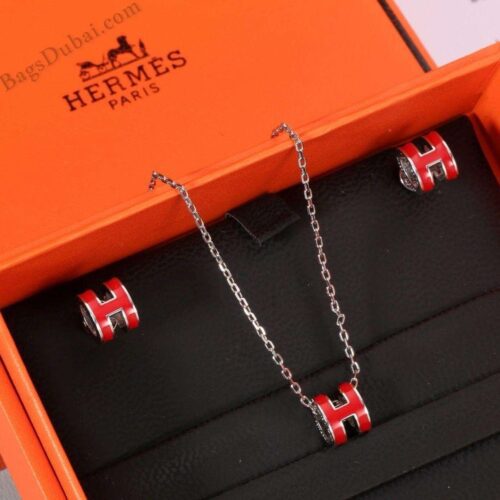 HERMES H Necklace & Earrings Red