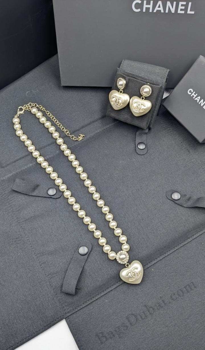 Chanel Pearl Heart Necklaces & Earring Gold