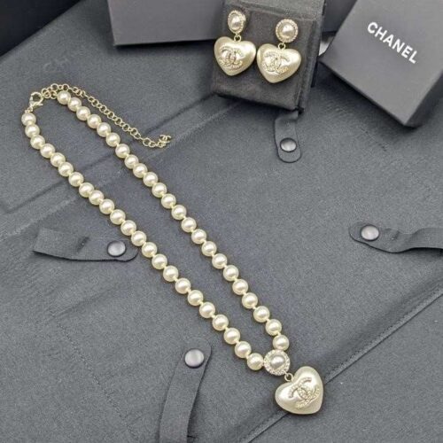 Chanel Pearl Heart Necklaces & Earring Gold