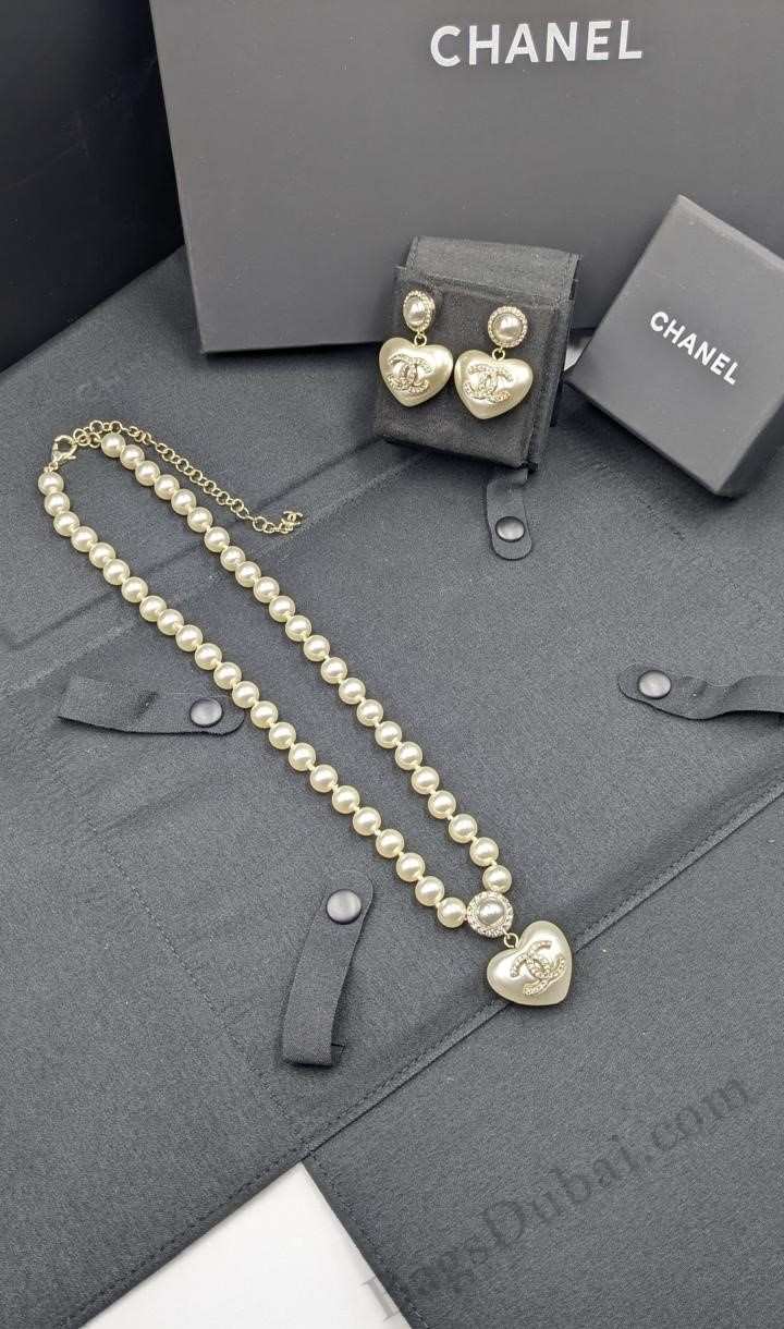 Chanel Pearl Heart Necklaces & Earring Gold