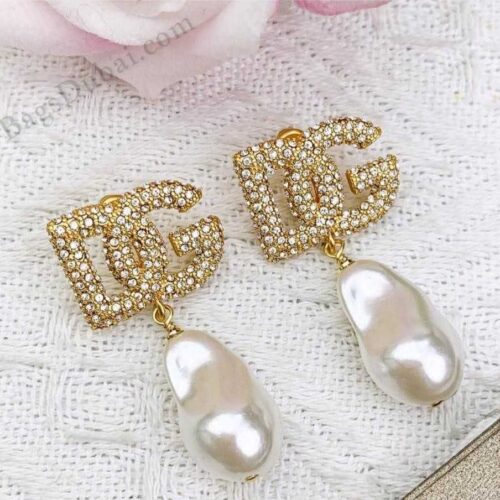 D-G Logo With Rhinestone Teardrop Pearl Earrings In Dubai