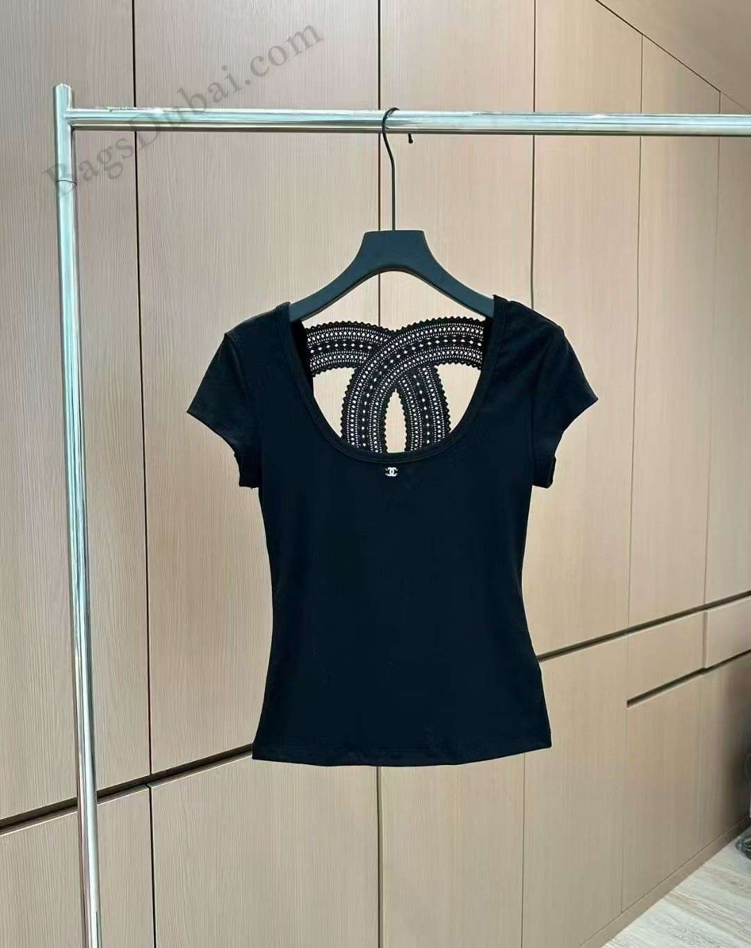 CHANEL T-Shirt Lace Detail Scoop Black