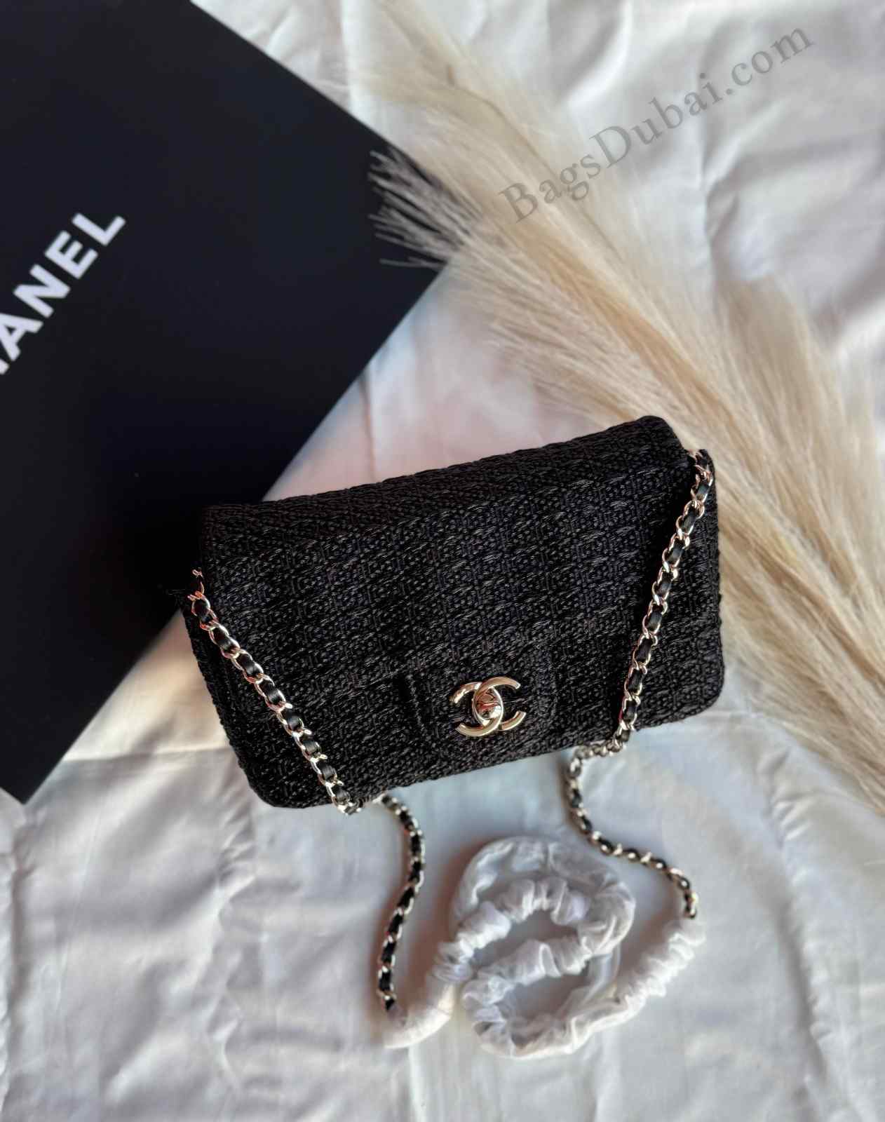 Chanel Flap Bag Woven Raffia Black