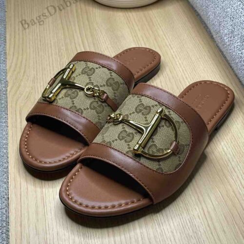 GUCCI Slides Horsebit GG Canvas brown