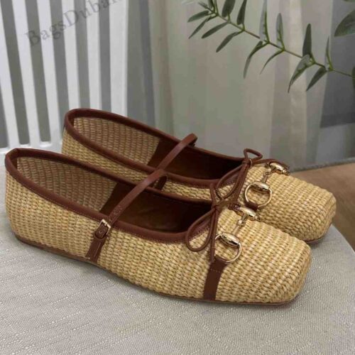 GUCCI Horsebit Flats Ballet Raffia Beige