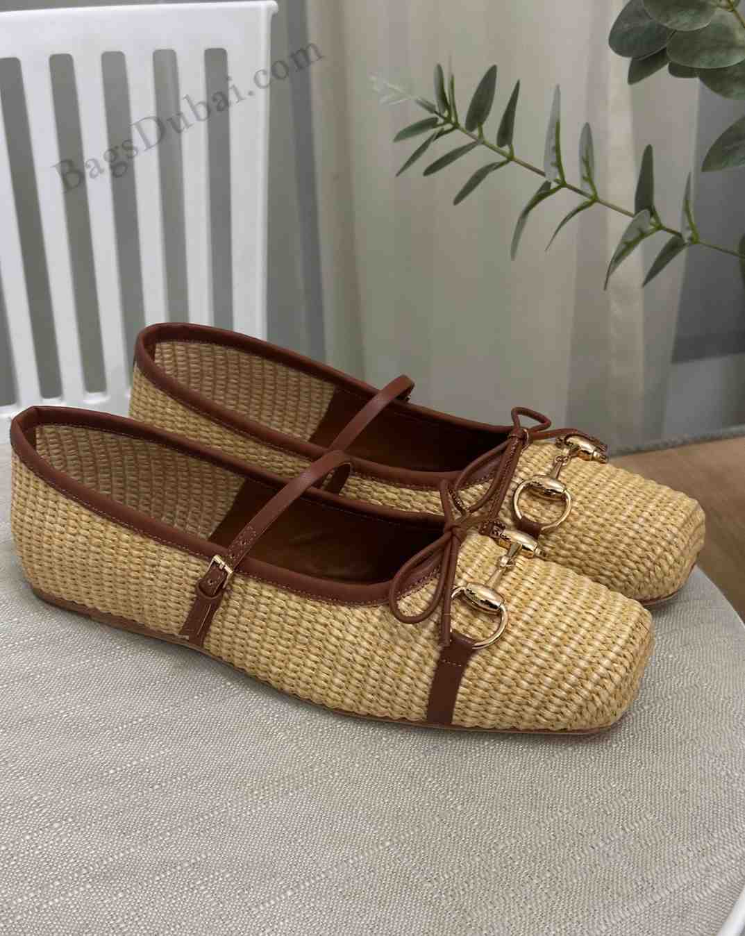 GUCCI Horsebit Flats Ballet Raffia Beige