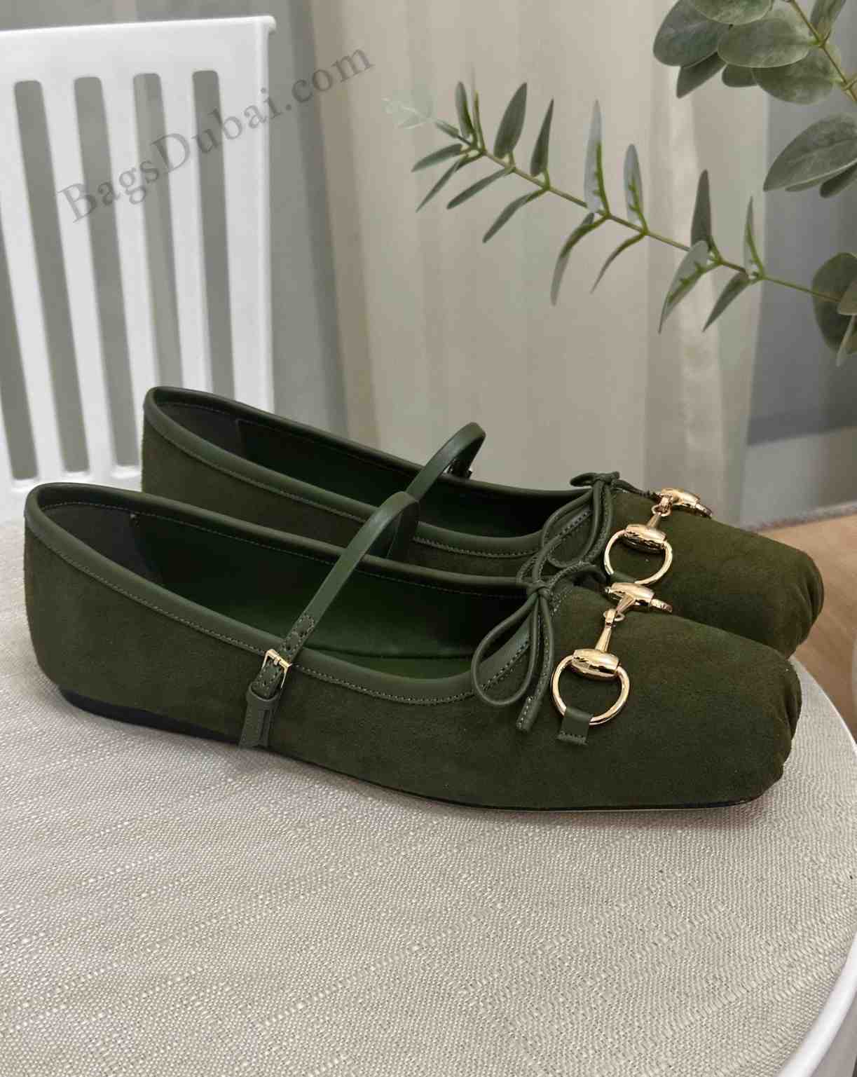 GUCCI Horsebit Flats Ballet Raffia Green