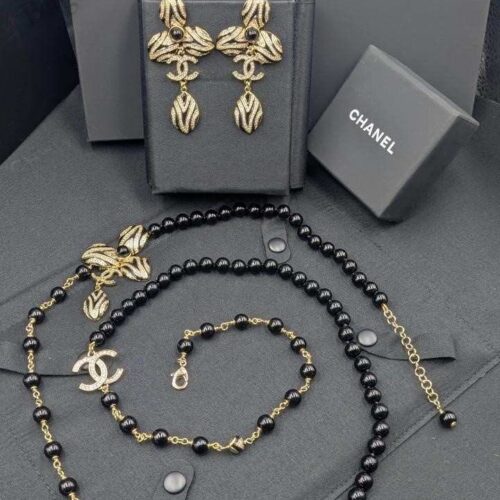 Chanel Necklace CC Black Beaded