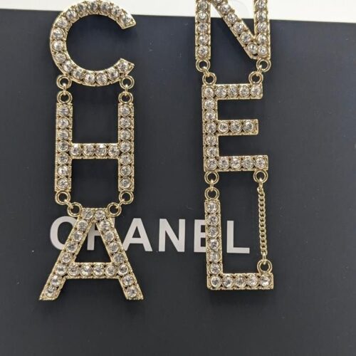 Chanel Drop Earrings Crystal Gold Cha-Nel Letter
