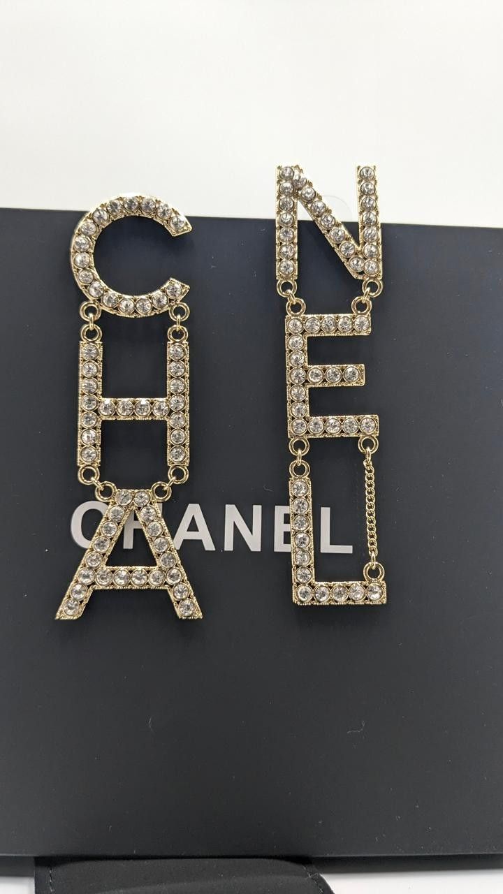 Chanel Drop Earrings Crystal Gold Cha-Nel Letter