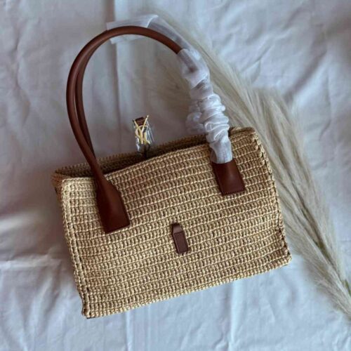 YSL Tote Bag Rectangle Panier Raffia Leather Brown