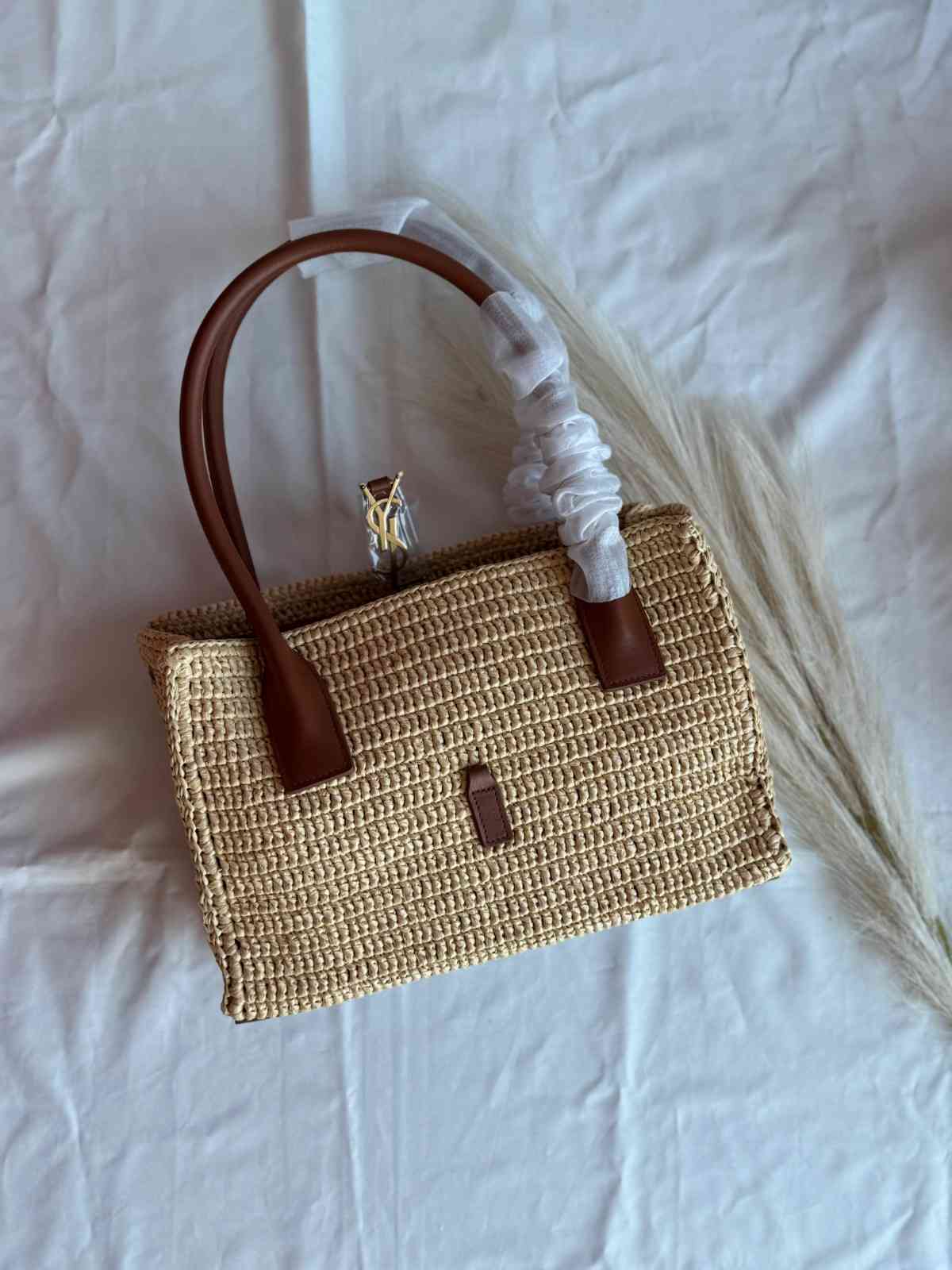 YSL Tote Bag Rectangle Panier Raffia Leather Brown