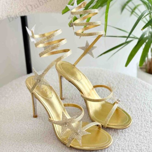 Rene Caovilla Heel Cleo Crystal Star Satin Gold