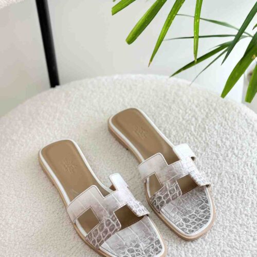 Hermes Oran Sandals Crocodile White