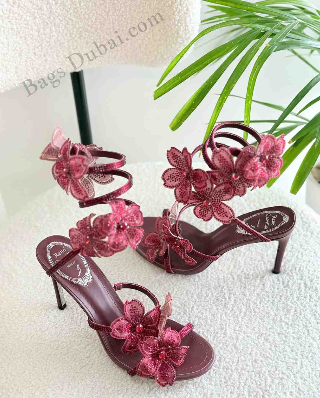 Rene Caovilla Heel Crystal Peach Flower Embellished Red