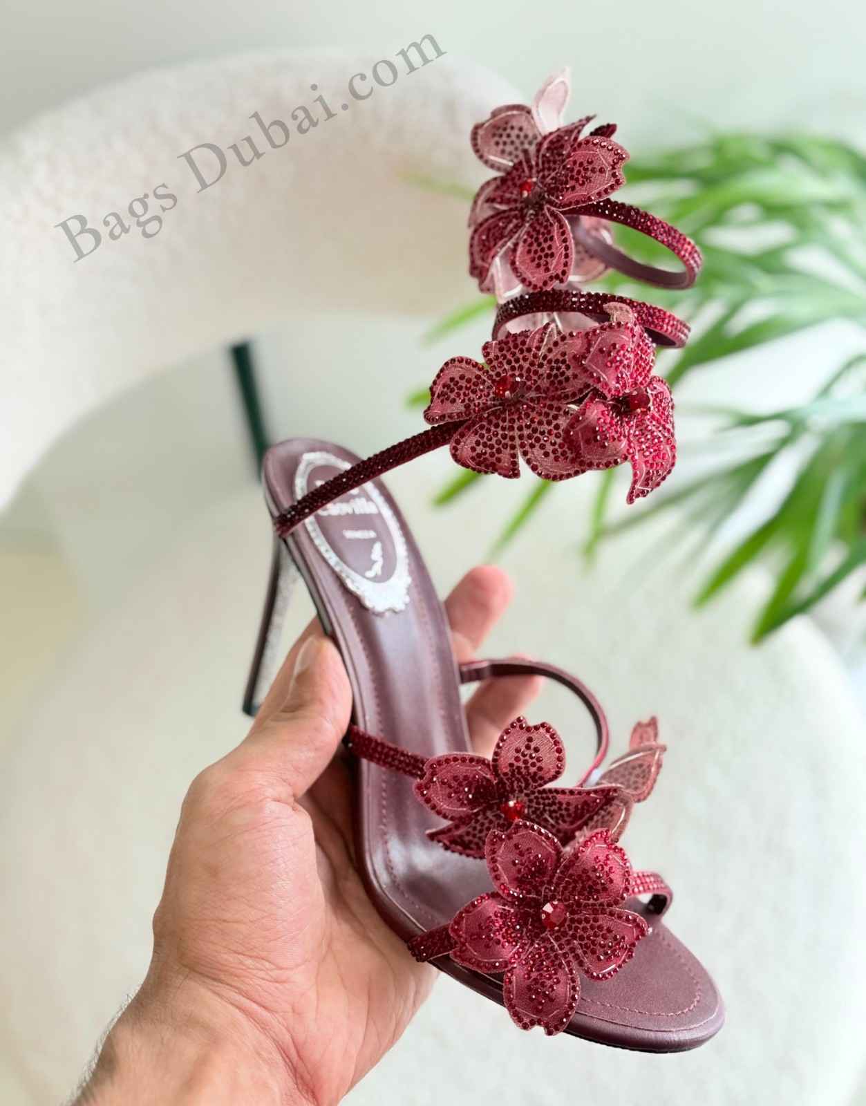 Rene Caovilla Heel Crystal Peach Flower Embellished Red