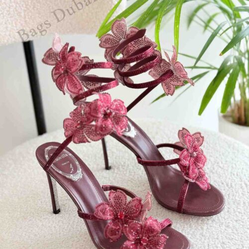 Rene Caovilla Heel Crystal Peach Flower Embellished Red