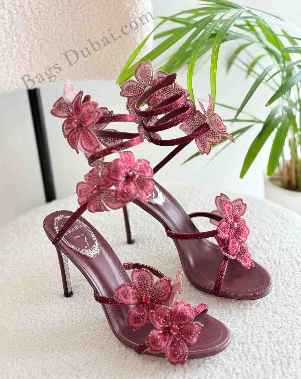 Rene Caovilla Heel Crystal Peach Flower Embellished Red