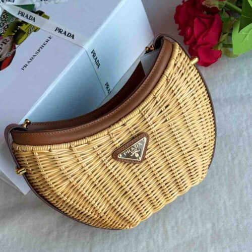 Prada Shoulder Bag Arque Wicker Leather Brown