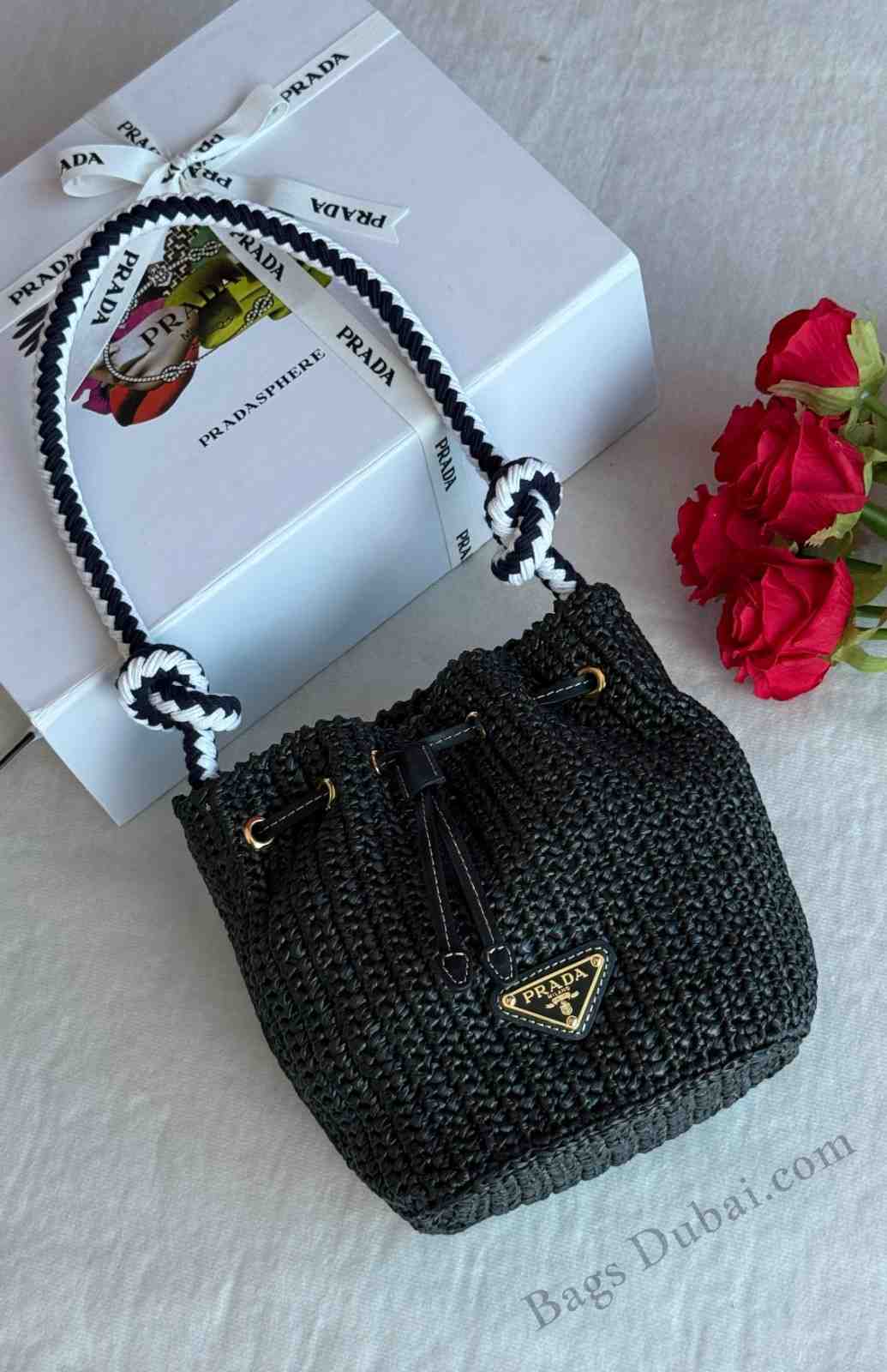 Prada Bucket Bag Mini Crochet and Leather Black