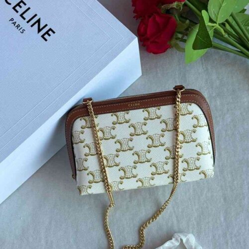 Celine Clutch on Chain Triomphe canvas White