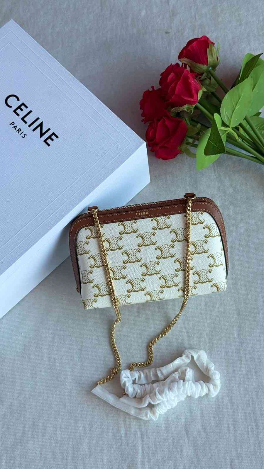 Celine Clutch on Chain Triomphe canvas White