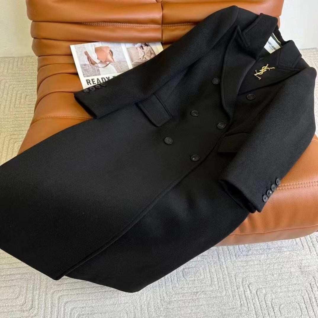 YSL Coat Black Double-breasted Logo Brooch