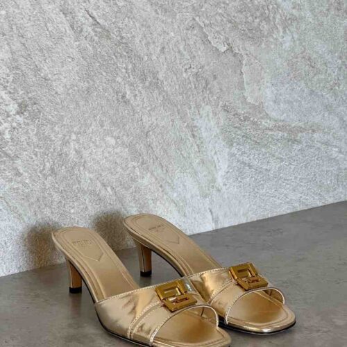 Fendi Sandals FFold Leather Medium Heeled Golden