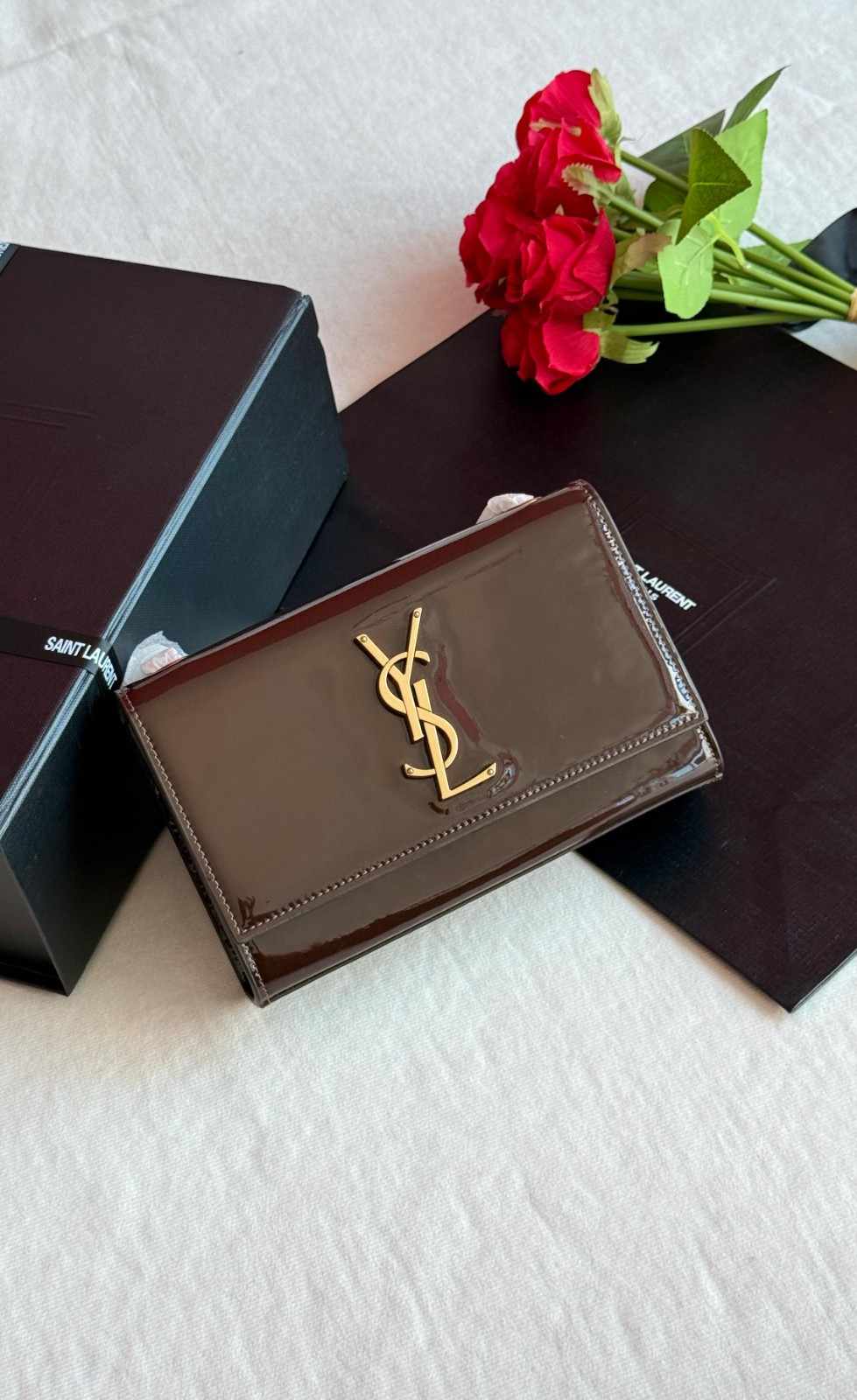 Saint Laurent Kate Bag Small Patent Leather Dark Brown