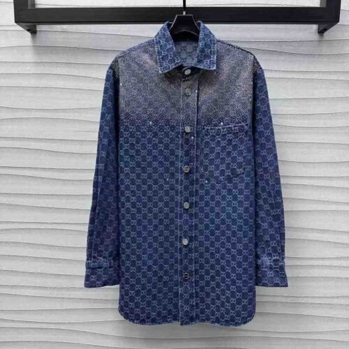 Gucci Denim Jacket GG pattern Crystal-embellished Blue
