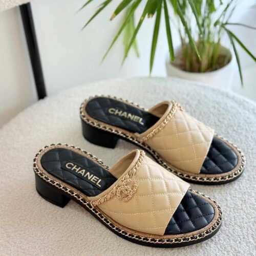 Chanel Sandals Quilted Leather Chain Link Beige