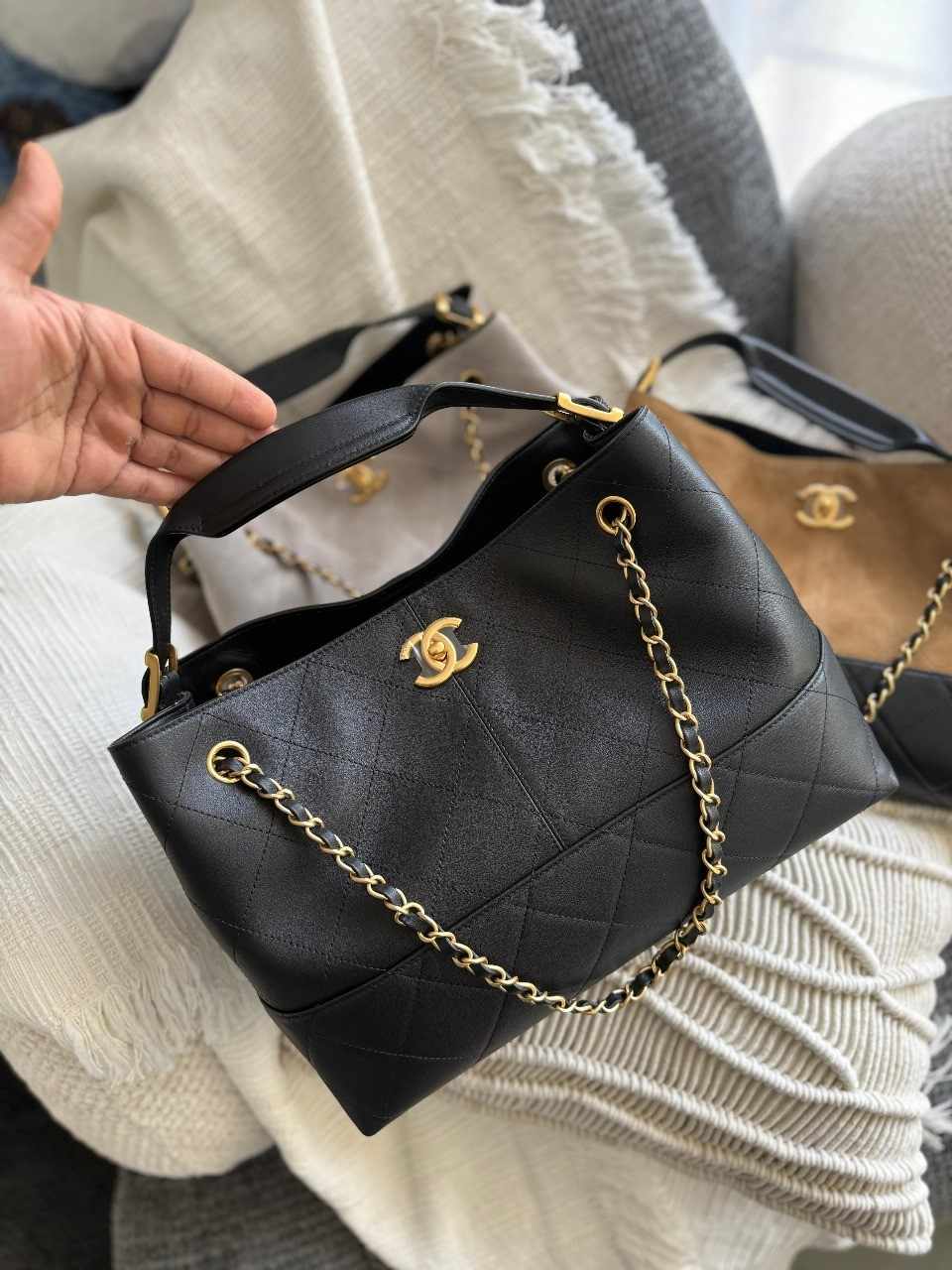 Chanel Shopping Bag Suede Calfskin Shiny Lambskin Black