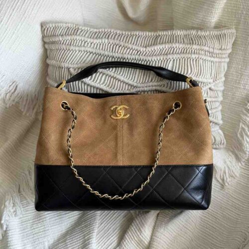 Chanel Shopping Bag Suede Calfskin Shiny Lambskin Brown