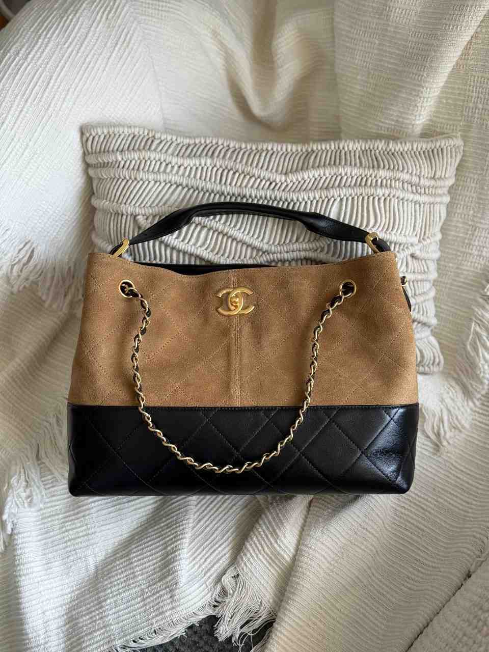 Chanel Shopping Bag Suede Calfskin Shiny Lambskin Brown