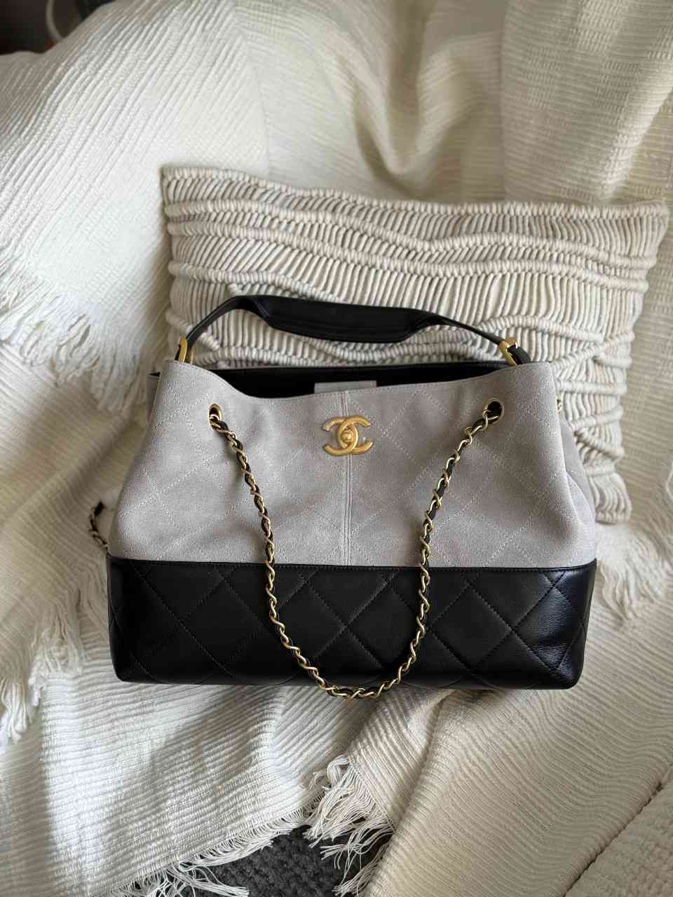 Chanel Shopping Bag Suede Calfskin Shiny Lambskin Grey