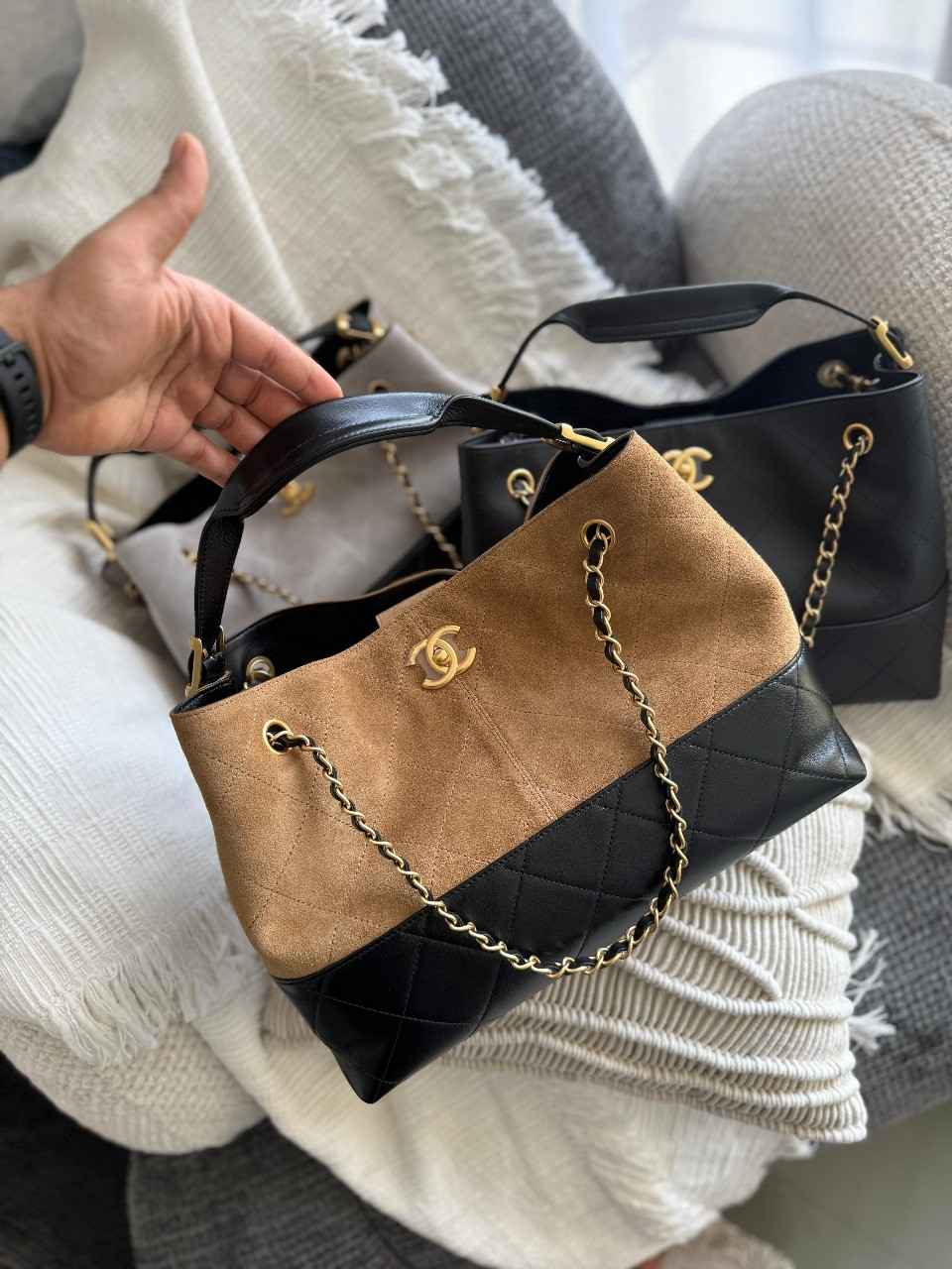 Chanel Shopping Bag Suede Calfskin Shiny Lambskin Brown