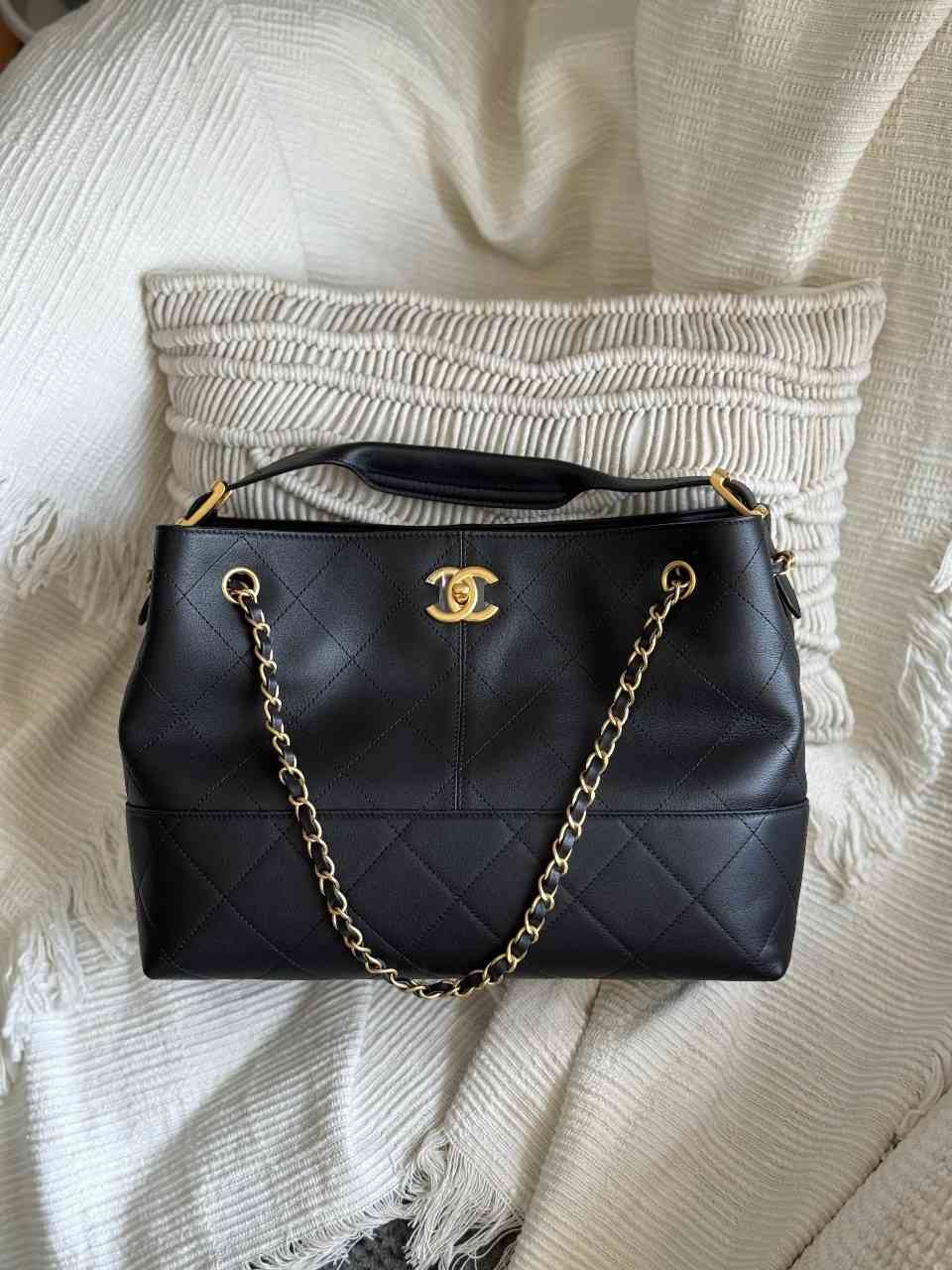 Chanel Shopping Bag Suede Calfskin Shiny Lambskin Black