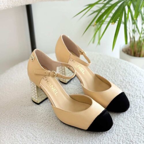 Chanel Mary Jane Sandals With Pearl Block Heel Beige