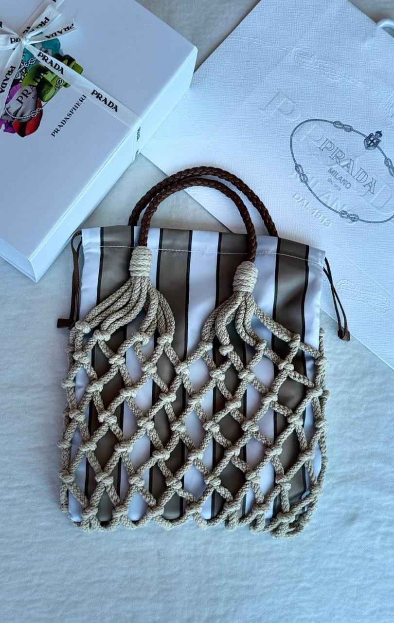 Prada Tote Bag Macrame Cotton Cord White & Grey