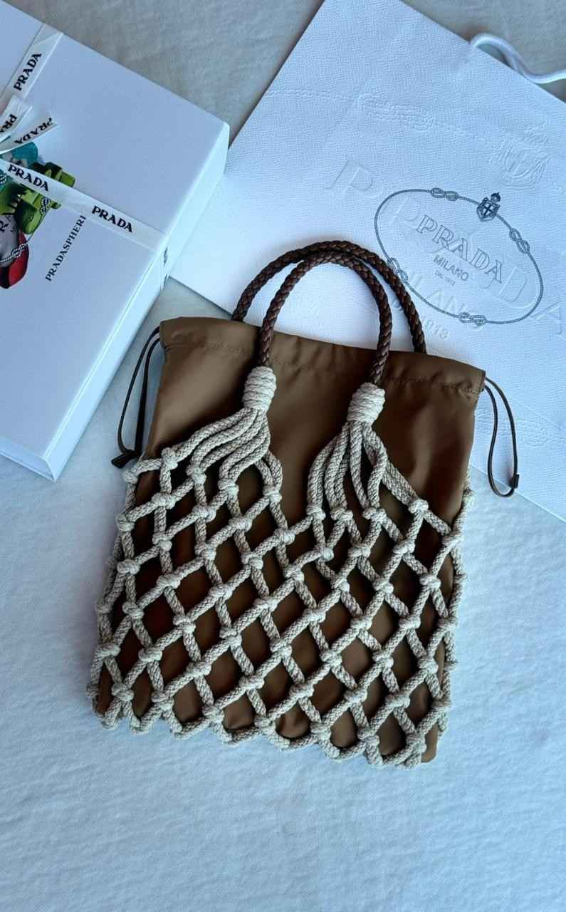 Prada Tote Bag Macrame Cotton Cord Brown