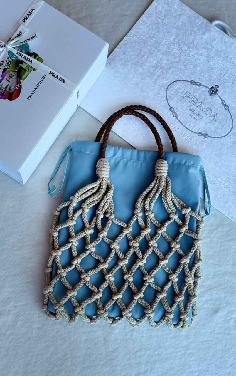 Prada Tote Bag Macrame Cotton Cord Blue