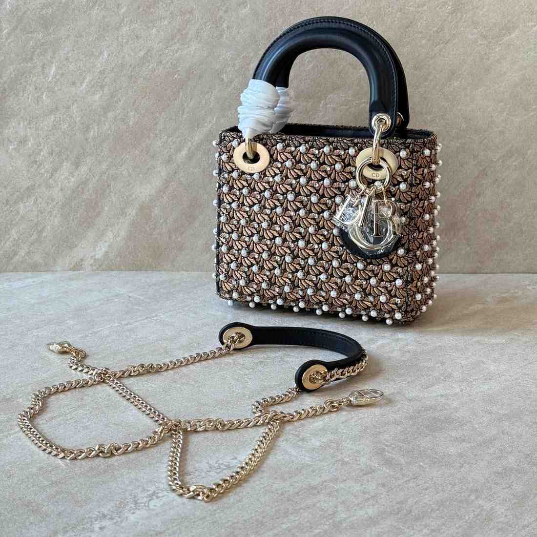 Mini Lady Dior Bag Cotton Crystals Pearls Brown