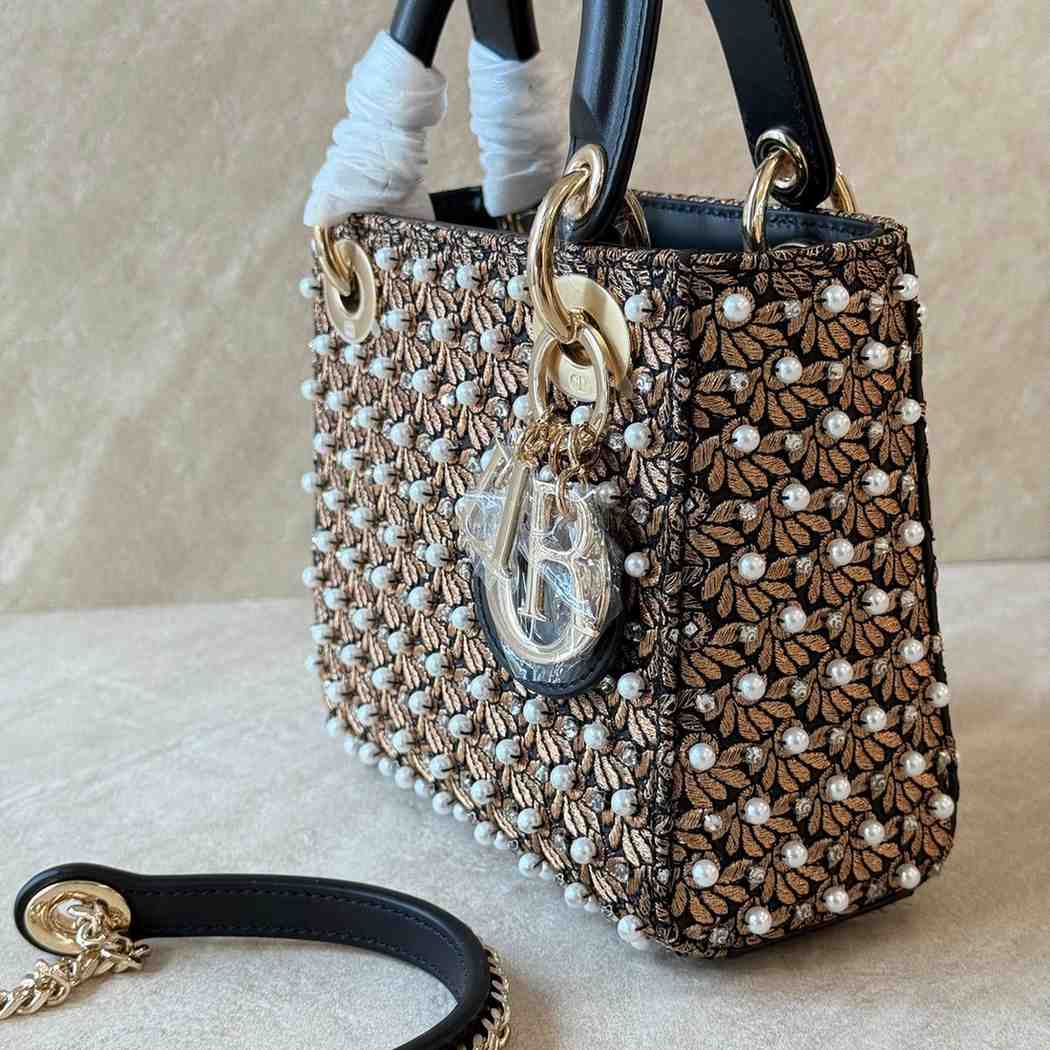 Mini Lady Dior Bag Cotton Crystals Pearls Brown
