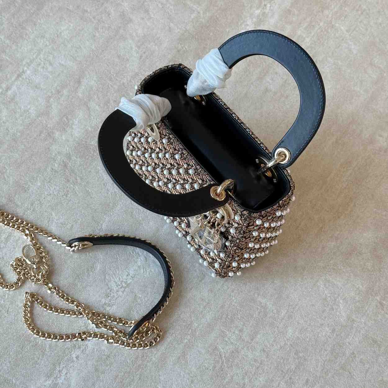 Mini Lady Dior Bag Cotton Crystals Pearls Brown