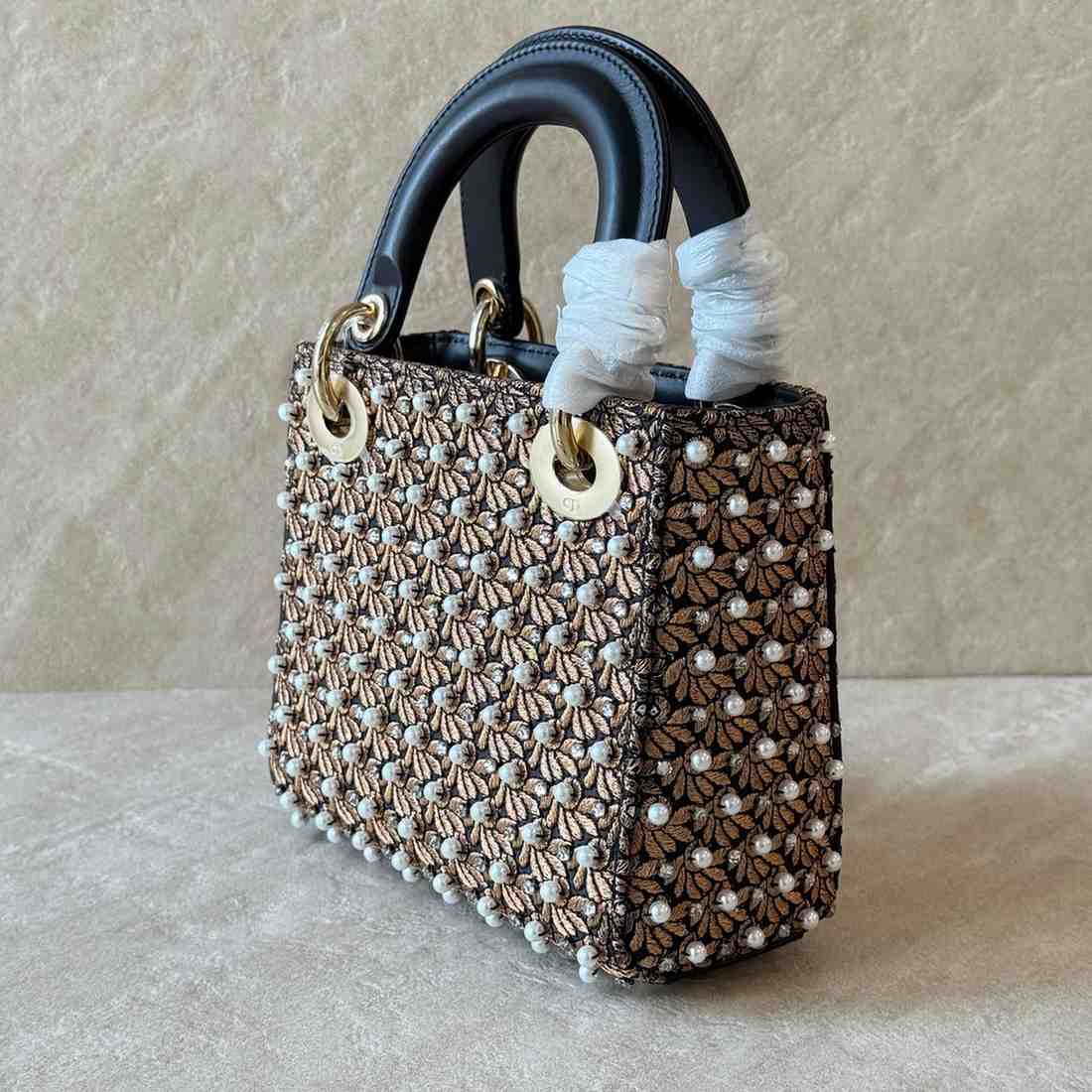 Mini Lady Dior Bag Cotton Crystals Pearls Brown