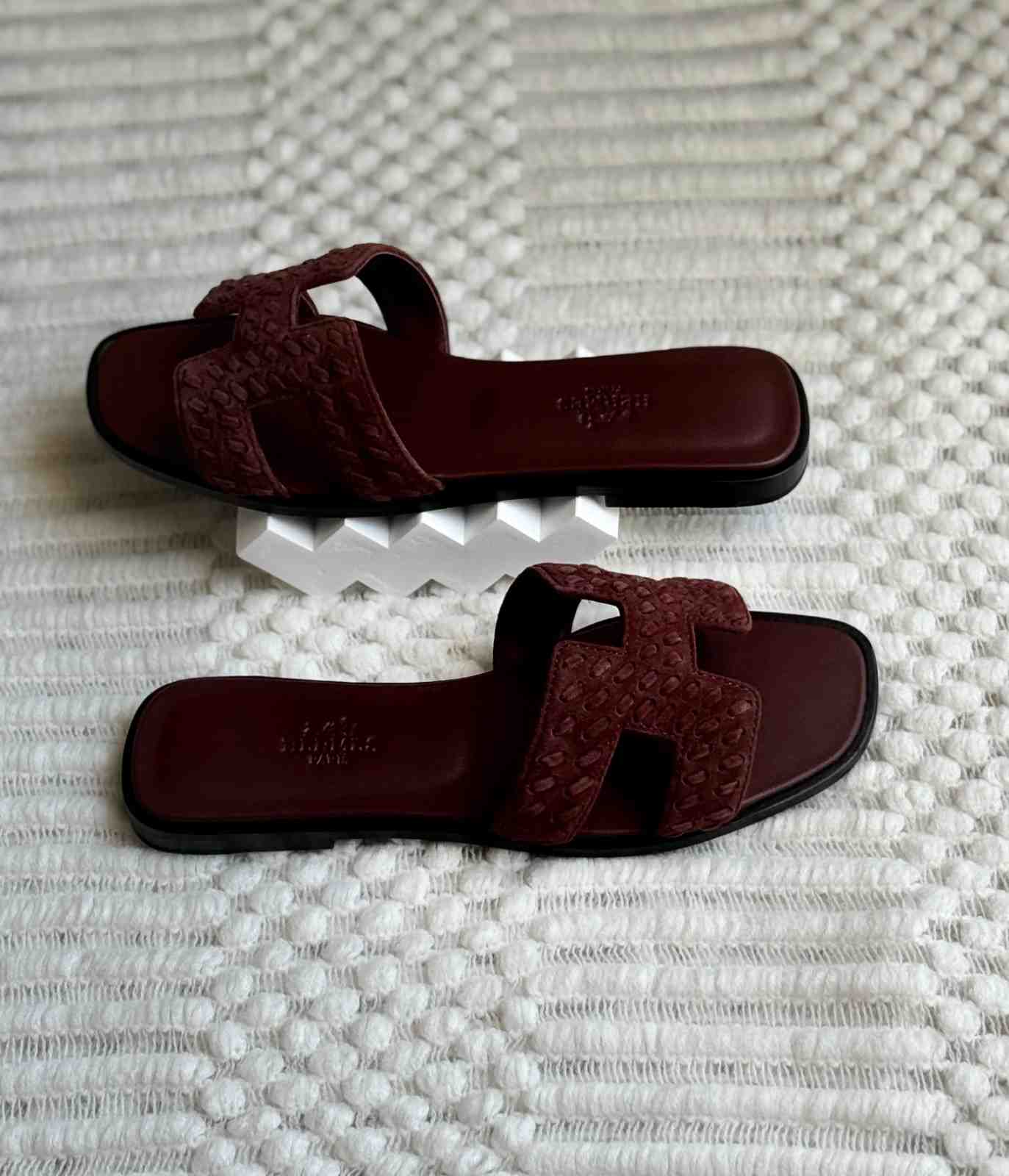 Hermes Oran Sandals Suede Leather Dark Red