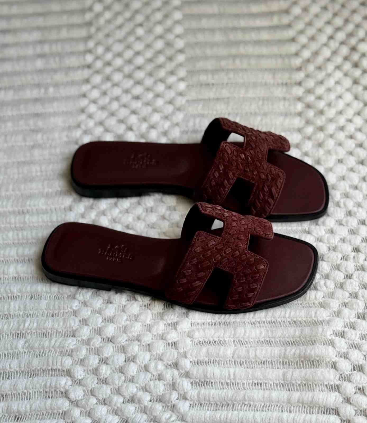 Hermes Oran Sandals Suede Leather Dark Red
