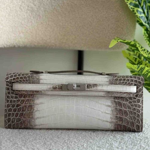 Hermes Kelly Cut Clutch Niloticus Crocodile White Grey